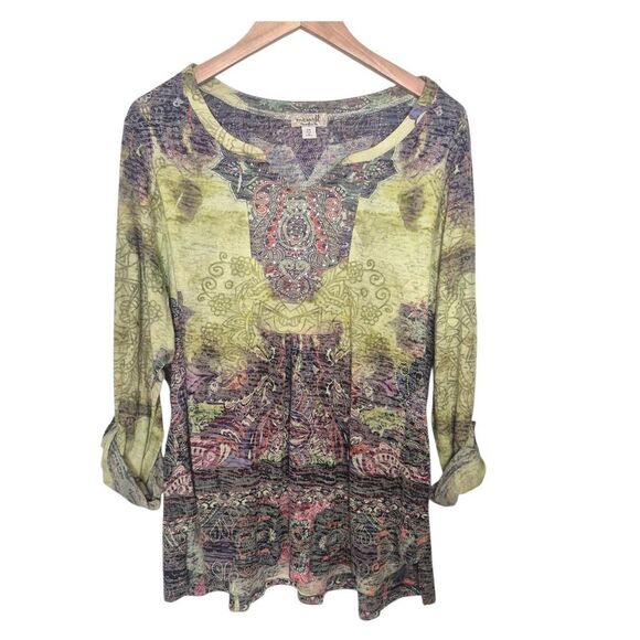 One World Green Purple Embellished Boho Roll Tab Seeve Top Size McBling Size 2X - Picture 1 of 4